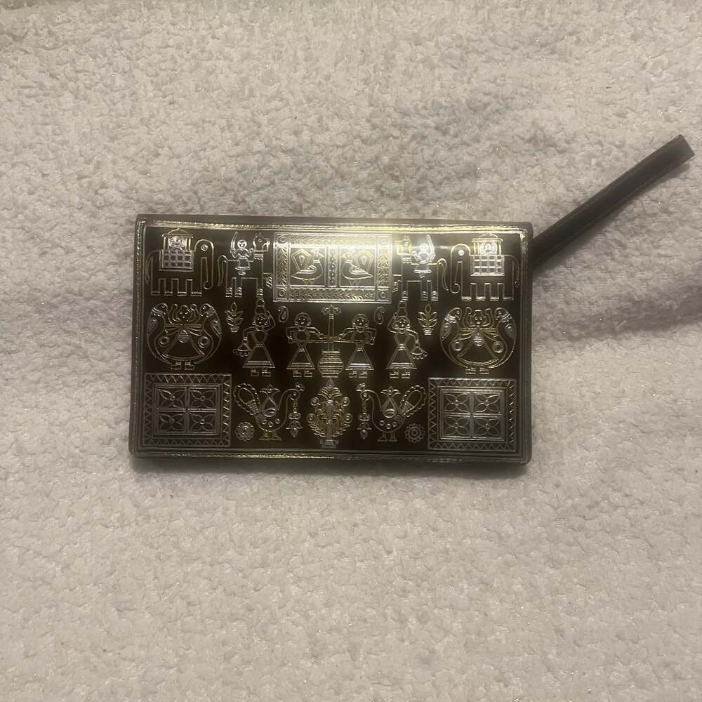 Vintage Indian Leather Wristlet Wallet w Embossed Silver Gold Folk Art 10” x 6”